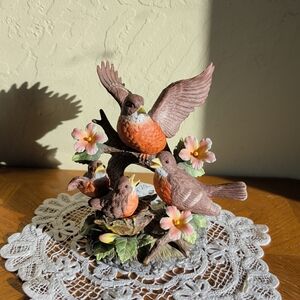 Brown and Orange Decorative Bird Figurine with Pink Flowers - Brand: